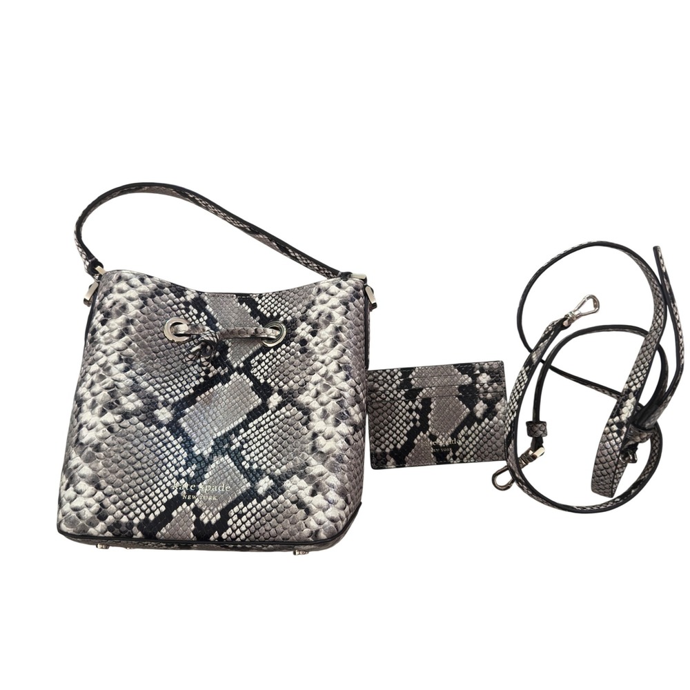 Kate Spade 2 Way Bucket Bag Grey Black Snakeskin Embossed Leather Crossbody Set